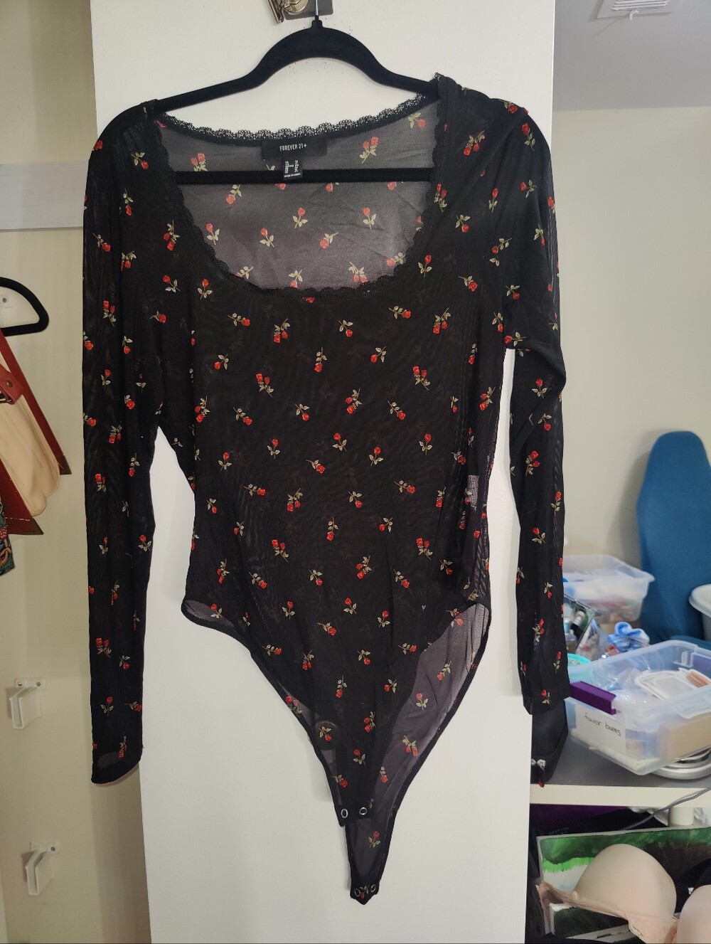 Forever 21 Black Sheer Mesh Long-Sleeve Floral Lace-Trim Bodysuit - 1X
